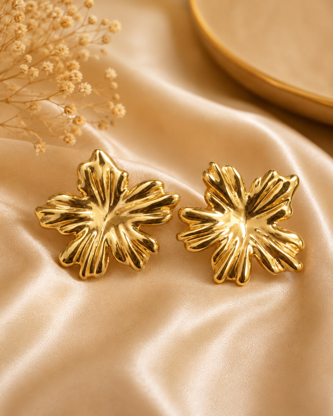 Imported Gold Textured Abstract Flower Stud Earrings
