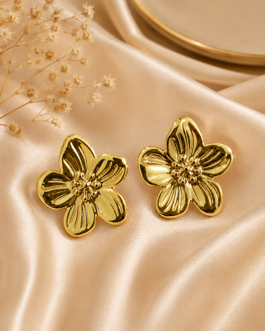 Imported Gold Floral Statement Stud Earrings